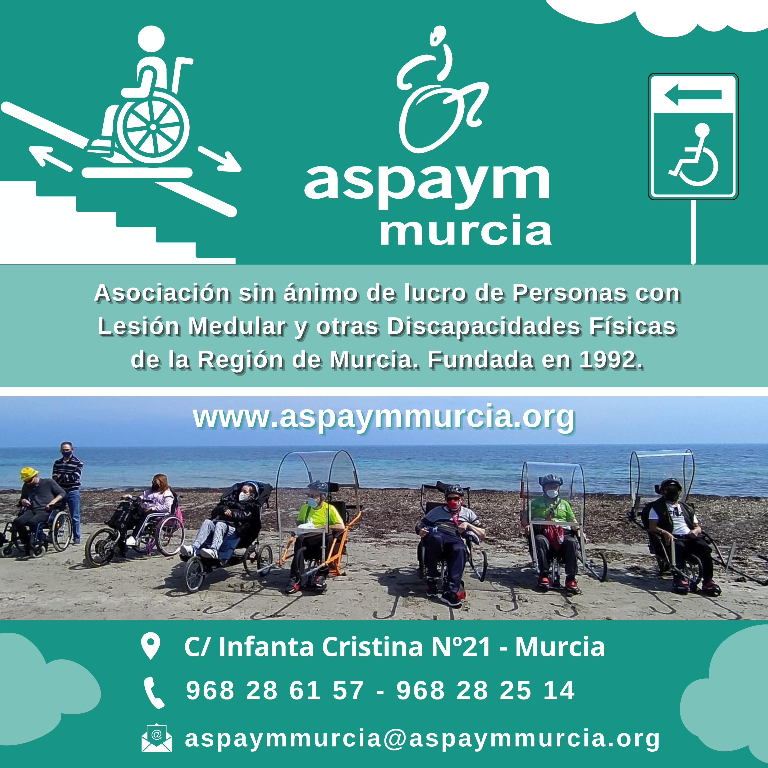 Publicidad sobre la entidad de Aspaym Murcia. Qué hacemos y donde encontrarnos.