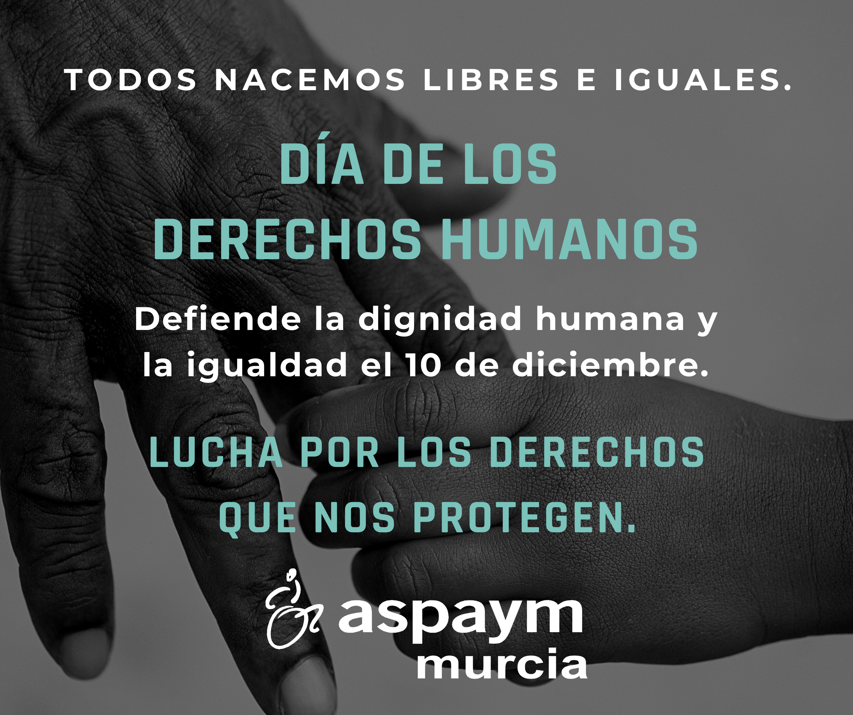 Todos nacemos libres e guales. Día de los derechos humanos. Defiende la dignidad humana y la igualdad el 10 de diciembre. Lucha por los derechos que nos protegen. Aspaym Murcia.